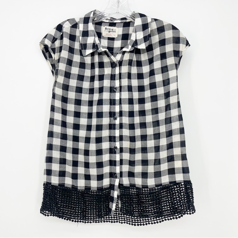 Anthropologie Holding Horses Checked Button Up Short Sleeve Lace Womens Size XS